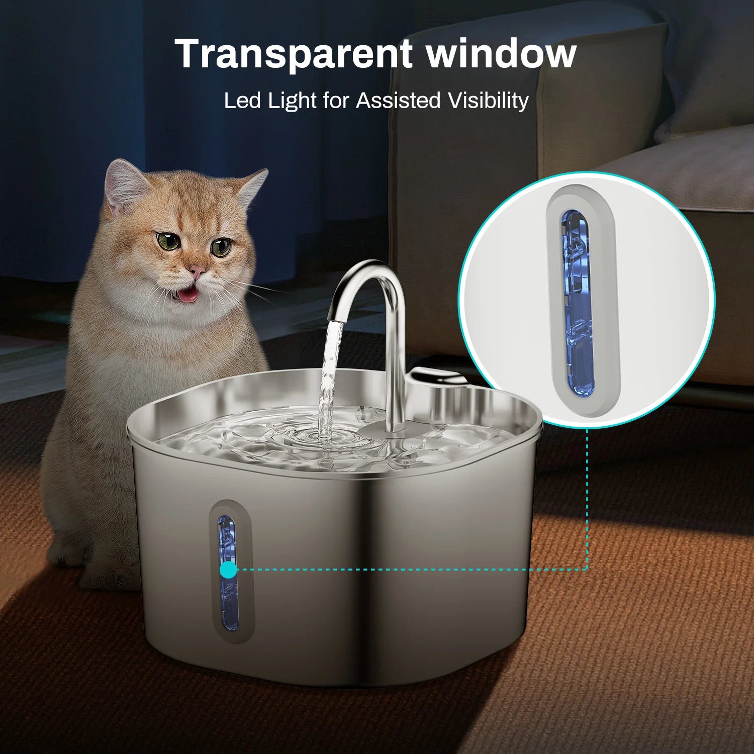 Stainless Steel Cat Water Fountain 2.2L — Automatic & Silent
