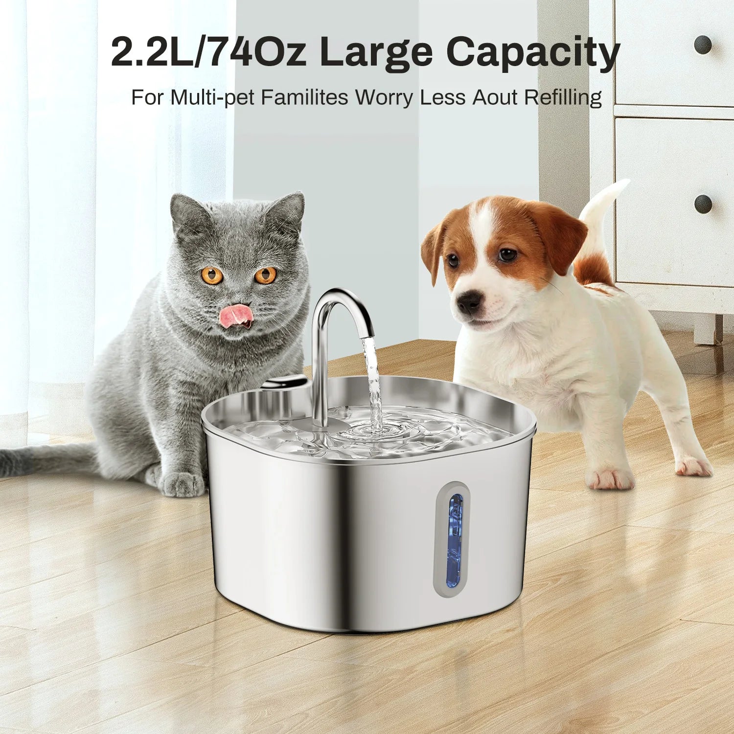 Stainless Steel Cat Water Fountain 2.2L — Automatic & Silent