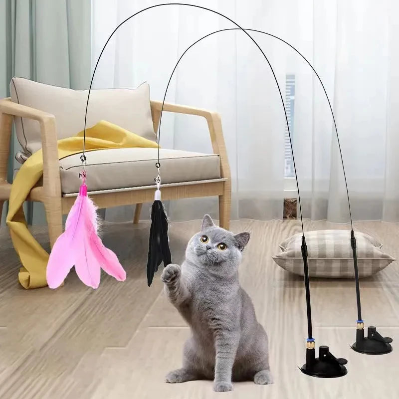 Interactive Cat Feather Wand Toy — Suction Cup & Replaceable Feathers